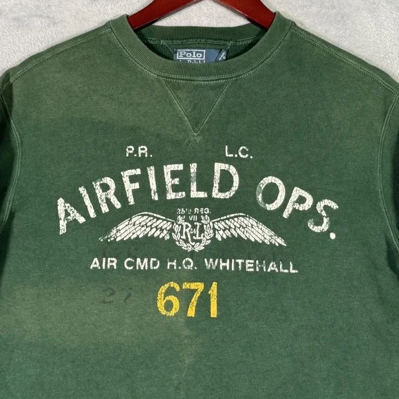 Polo Ralph Lauren Sweatshirt Mens Small Green Airfield Ops Fleece Crewneck*